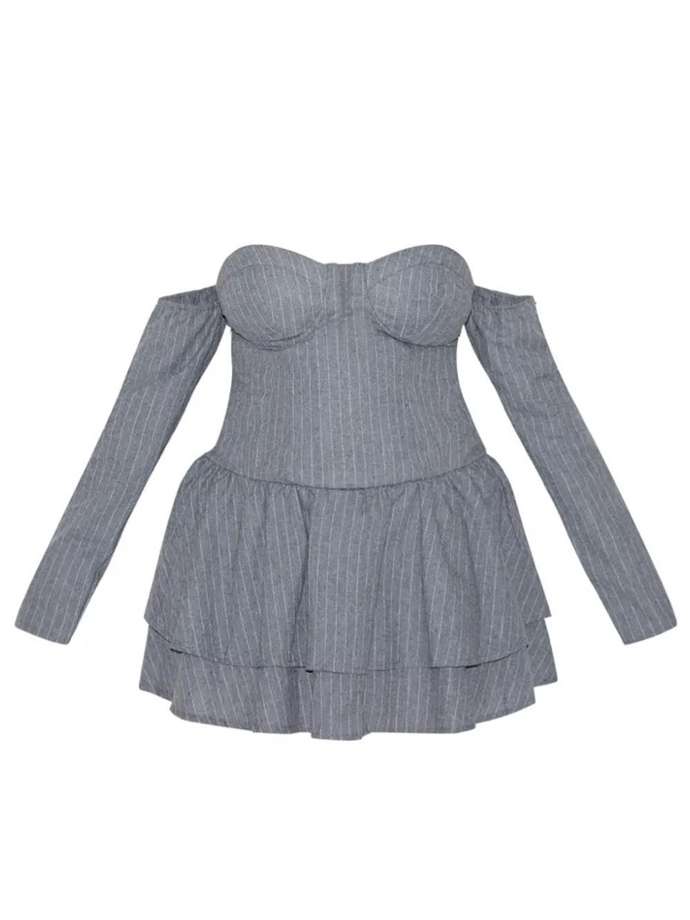PrettyLittleThings PLUS LIGHT GREY CUP DETAIL PINSTRIPE BARDOT SHIFT DRESS SZ 16 - Picture 4 of 6